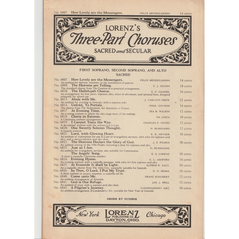 Felix Mendelssohn How Lovely are the Messengers Lorenz Sheet Music 1919 VG